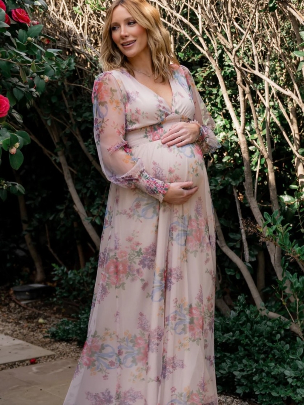 Baltic Born Layla Tulle Pastel Cream Floral Sheer Maxi Dress Maternity Sz XL 2XL - Picture 4 of 10